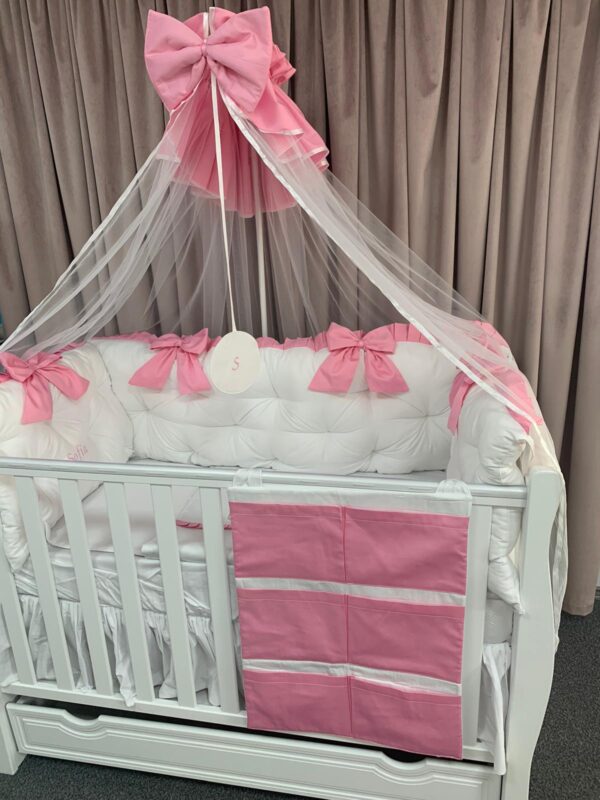 PEPPIbambini ROYAL White Pink Sofia Literie de bébé ensemble set complet 11 pièces linge parure de lit 100% coton avec broderie avec moustiquaire motif brodées - Image 2