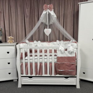 PEPPIbambini ROYAL White Pink Velours Literie de bébé 11 pièces linge parure de lit 100% coton avec broderie avec moustiquaire motif brodées