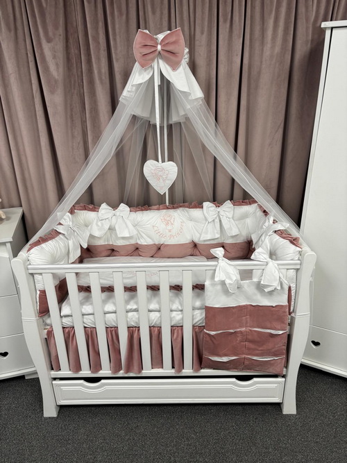 PEPPIbambini ROYAL White Pink Velours Literie de bébé 11 pièces linge parure de lit 100% coton avec broderie avec moustiquaire motif brodées - Image 3