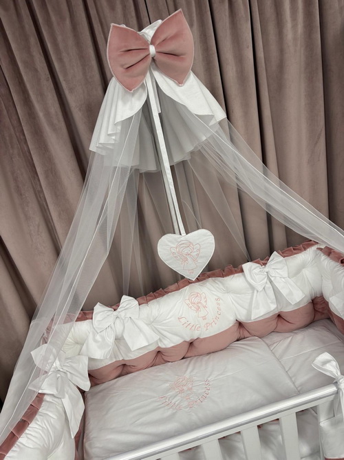 PEPPIbambini ROYAL White Pink Velours Literie de bébé 11 pièces linge parure de lit 100% coton avec broderie avec moustiquaire motif brodées - Image 4
