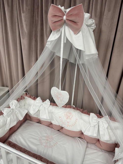 PEPPIbambini ROYAL White Pink Velours Literie de bébé 11 pièces linge parure de lit 100% coton avec broderie avec moustiquaire motif brodées - Image 5