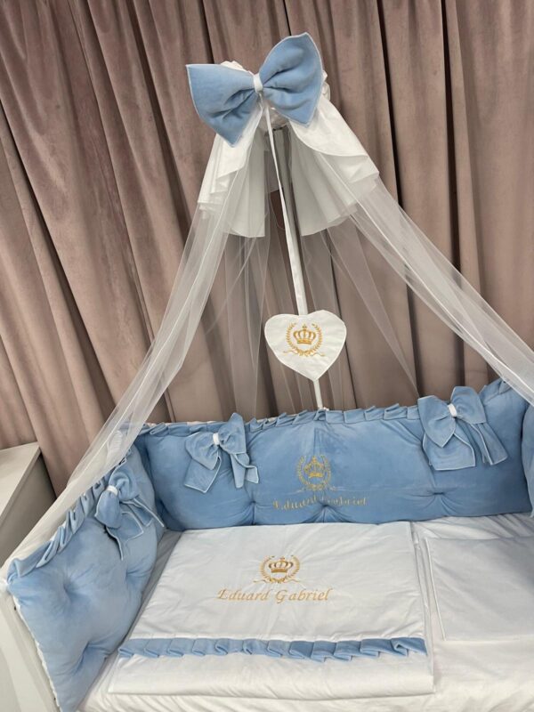 PEPPIbambini ROYAL Blue Velours Literie de bébé 11 pièces linge parure de lit 100% coton avec broderie avec moustiquaire motif brodées - Image 7